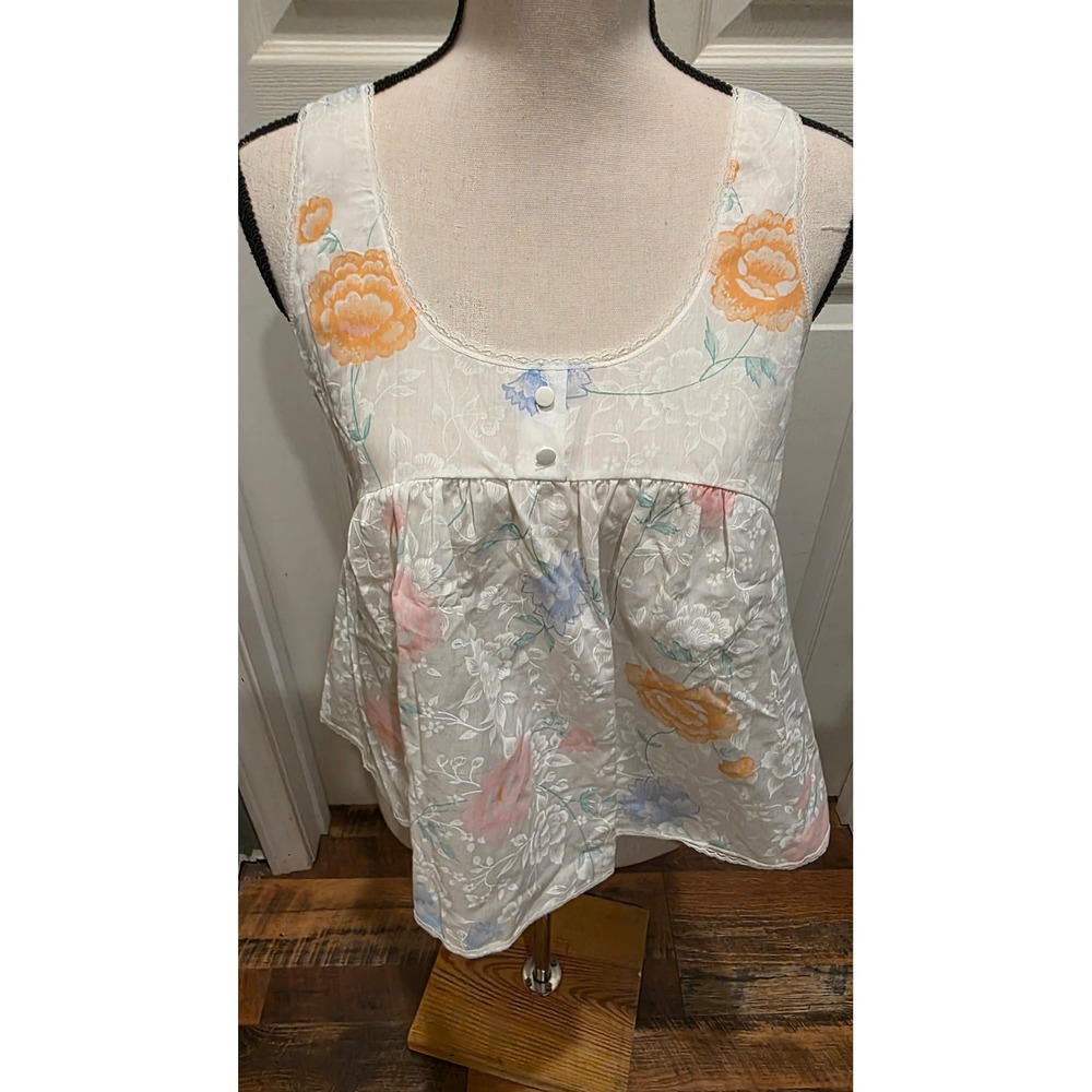 Vintage Deena Floral Lace Trim Babydoll Pajama Top White Small Made in USA 1825